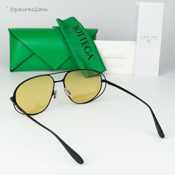 BRAND NEW Bottega Veneta BV1344S 002 Black Yellow Pilot Unisex Sunglasses - Picture 8 of 11